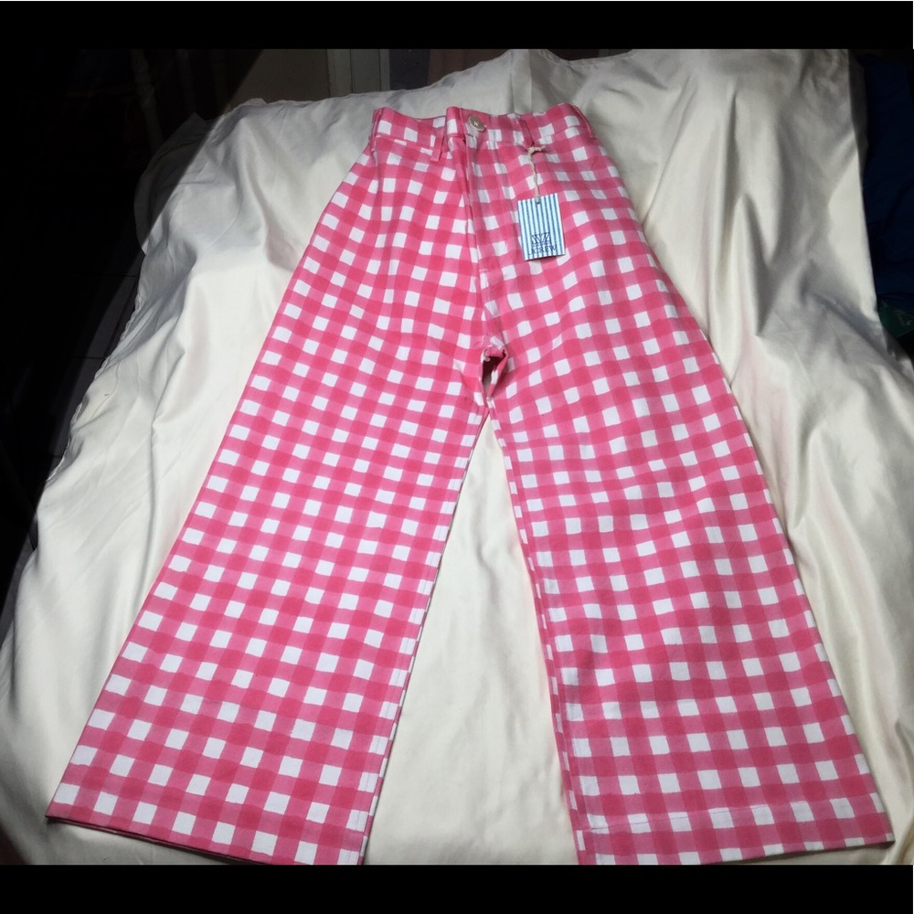 J. Crew Pink and White Gingham Wide Leg Pants
